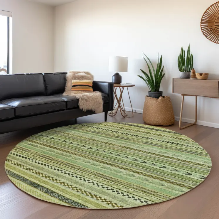 8' Artichoke Green And Taupe Round Striped Washable Indoor Outdoor Area Rug