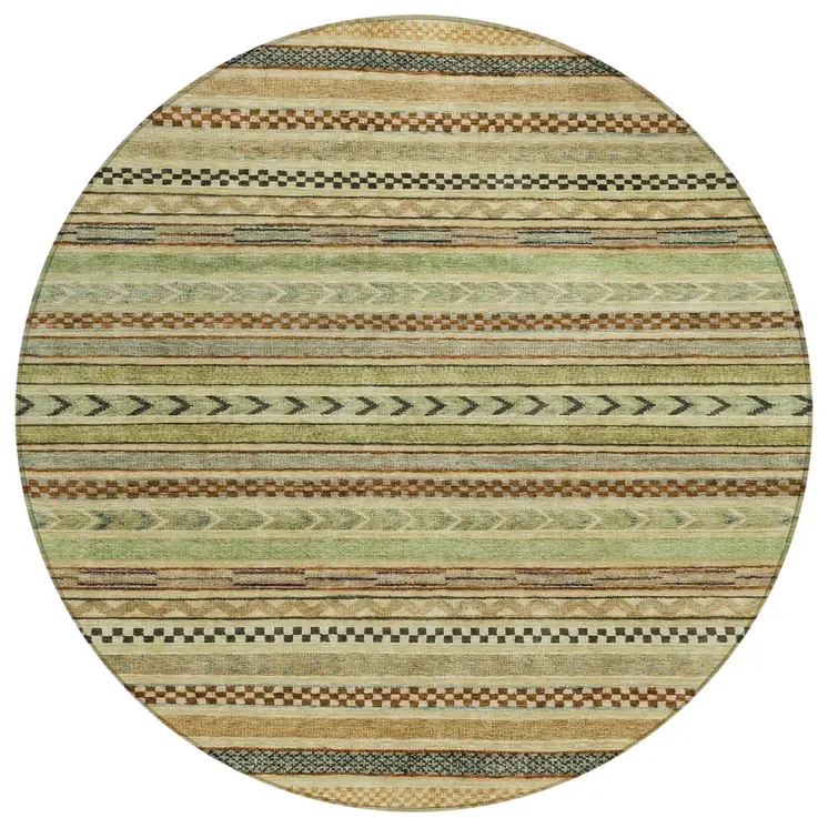 8' Beige And Taupe Round Striped Washable Indoor Outdoor Area Rug