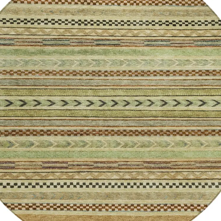 8' Beige And Taupe Round Striped Washable Indoor Outdoor Area Rug