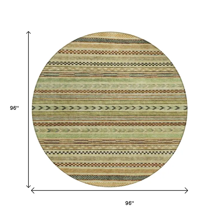 8' Beige And Taupe Round Striped Washable Indoor Outdoor Area Rug