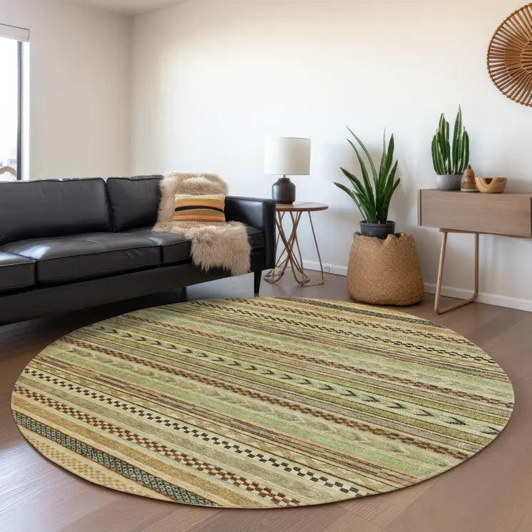 8' Beige And Taupe Round Striped Washable Indoor Outdoor Area Rug