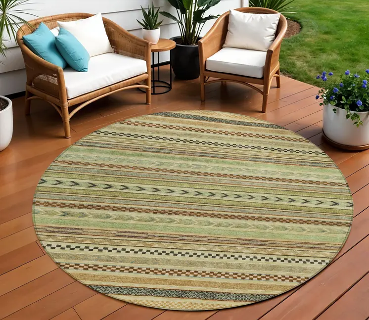 8' Beige And Taupe Round Striped Washable Indoor Outdoor Area Rug
