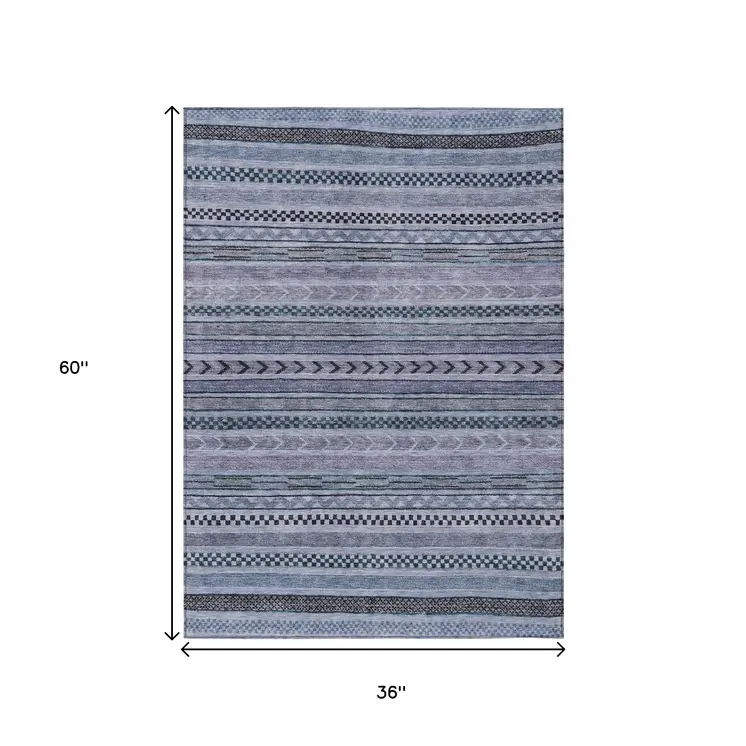 3' X 5' Blue And Taupe Striped Washable Indoor Outdoor Area Rug