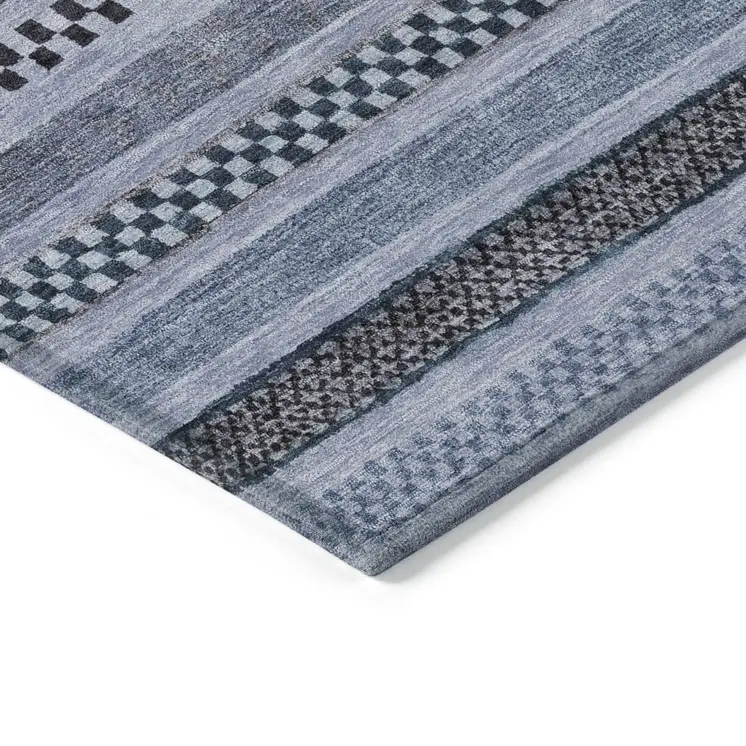 3' X 5' Blue And Taupe Striped Washable Indoor Outdoor Area Rug
