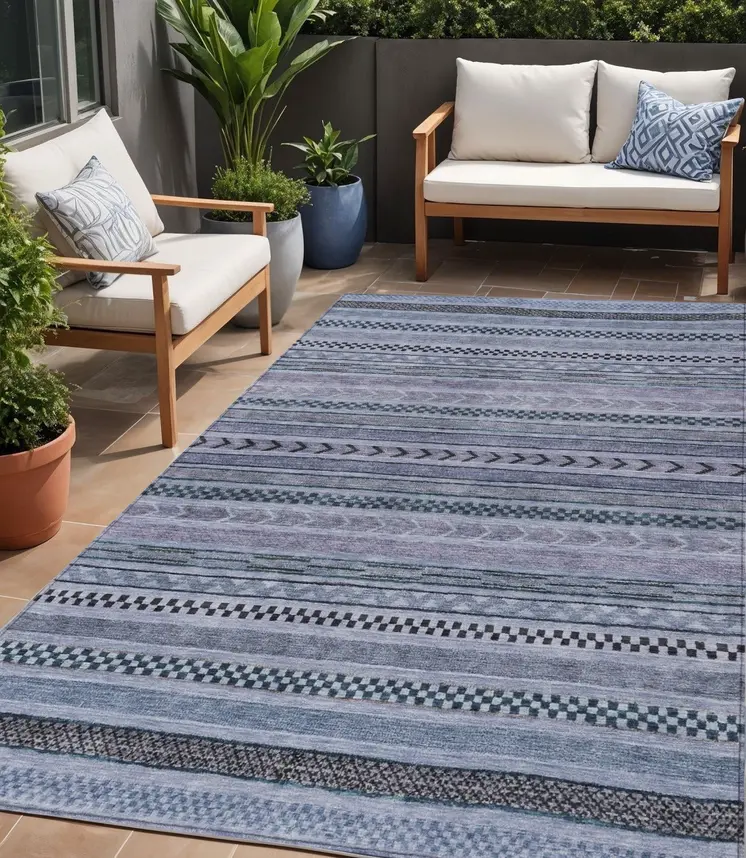 5' X 8' Blue And Taupe Striped Washable Indoor Outdoor Area Rug