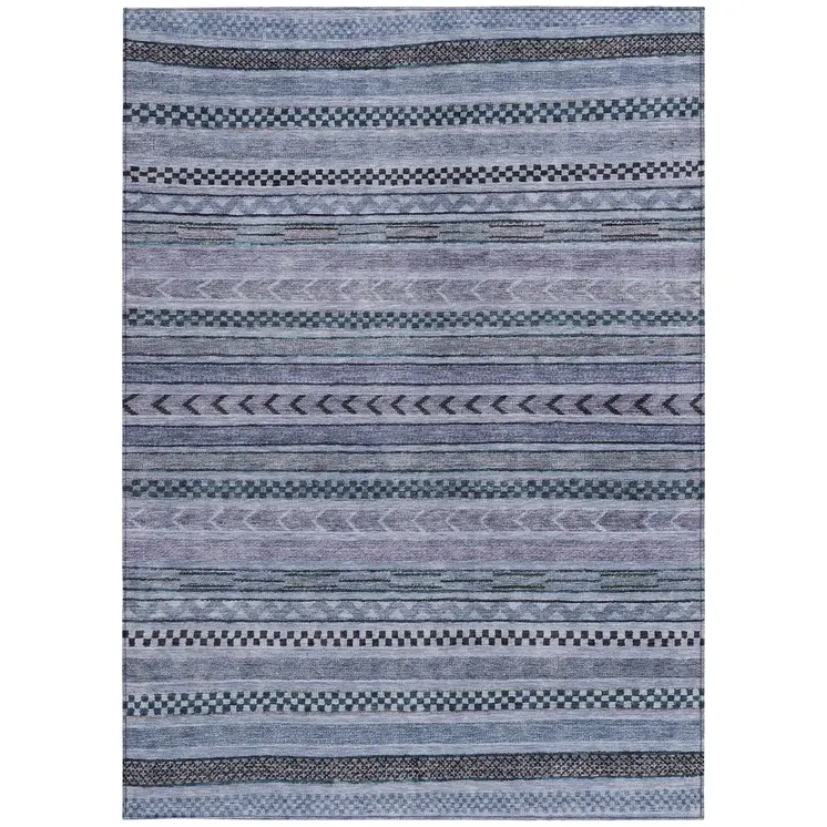 5' X 8' Blue And Taupe Striped Washable Indoor Outdoor Area Rug