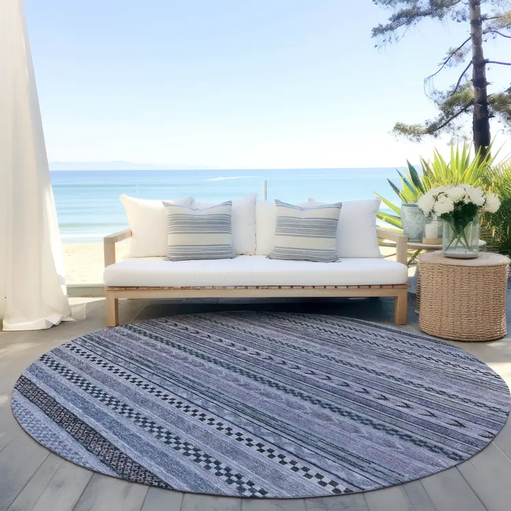 8' Blue And Taupe Round Striped Washable Indoor Outdoor Area Rug