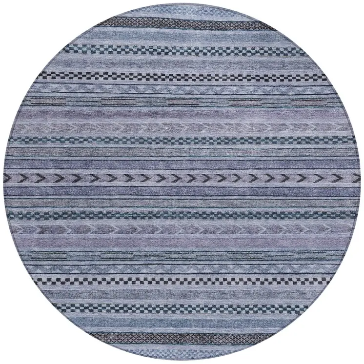 8' Blue And Taupe Round Striped Washable Indoor Outdoor Area Rug