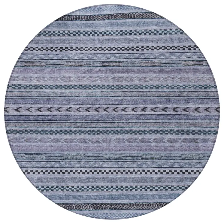 8' Blue And Taupe Round Striped Washable Indoor Outdoor Area Rug