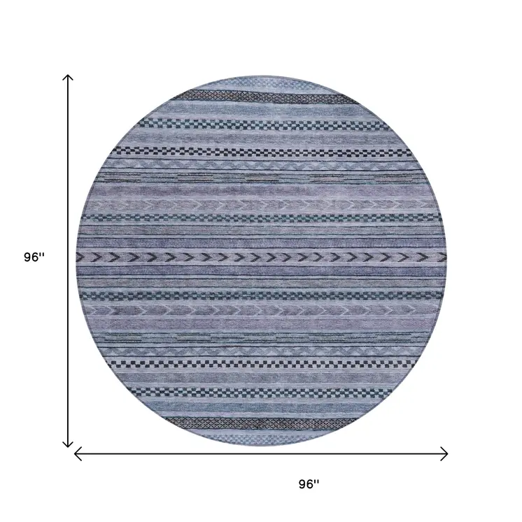 8' Blue And Taupe Round Striped Washable Indoor Outdoor Area Rug