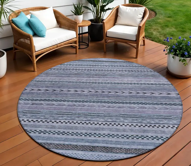 8' Blue And Taupe Round Striped Washable Indoor Outdoor Area Rug