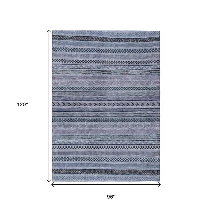 8' X 10' Blue And Taupe Striped Washable Indoor Outdoor Area Rug