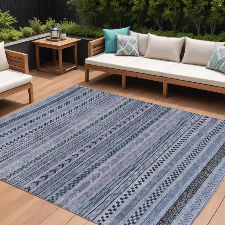 8' X 10' Blue And Taupe Striped Washable Indoor Outdoor Area Rug