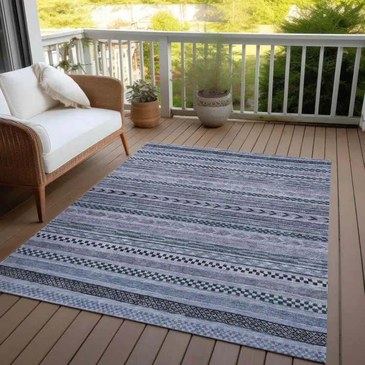 8' X 10' Blue And Taupe Striped Washable Indoor Outdoor Area Rug
