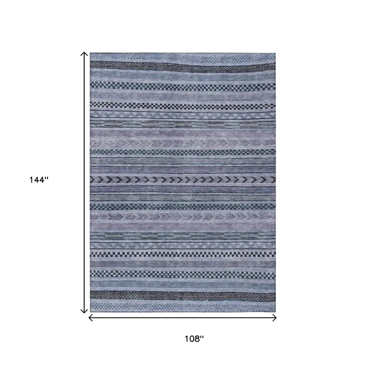 9' X 12' Blue And Taupe Striped Washable Indoor Outdoor Area Rug