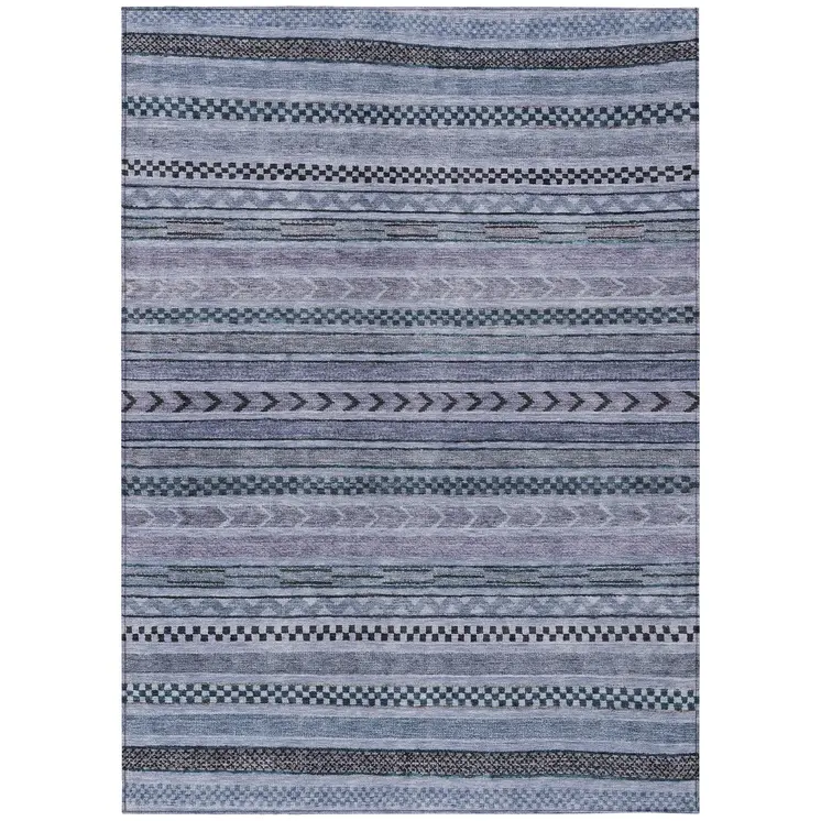 10' X 14' Blue And Taupe Striped Washable Indoor Outdoor Area Rug