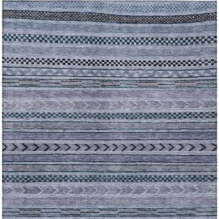 10' X 14' Blue And Taupe Striped Washable Indoor Outdoor Area Rug