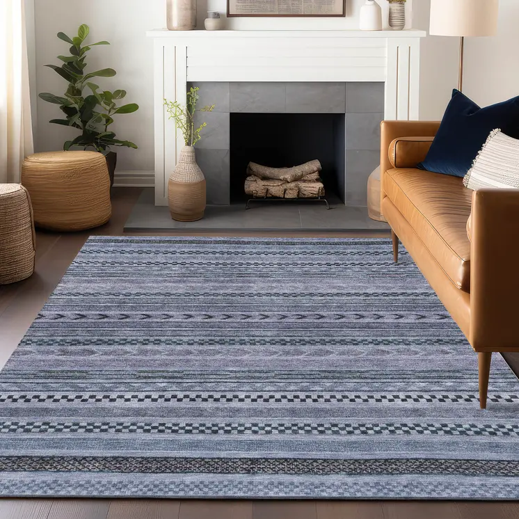 10' X 14' Blue And Taupe Striped Washable Indoor Outdoor Area Rug