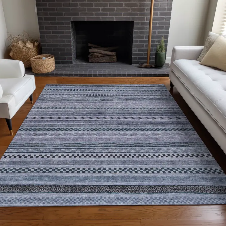 10' X 14' Blue And Taupe Striped Washable Indoor Outdoor Area Rug