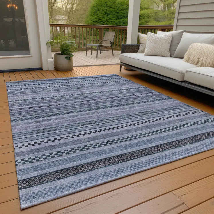 10' X 14' Blue And Taupe Striped Washable Indoor Outdoor Area Rug