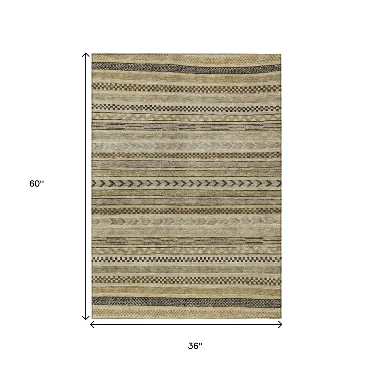 3' X 5' Chocolate And Taupe Striped Washable Indoor Outdoor Area Rug