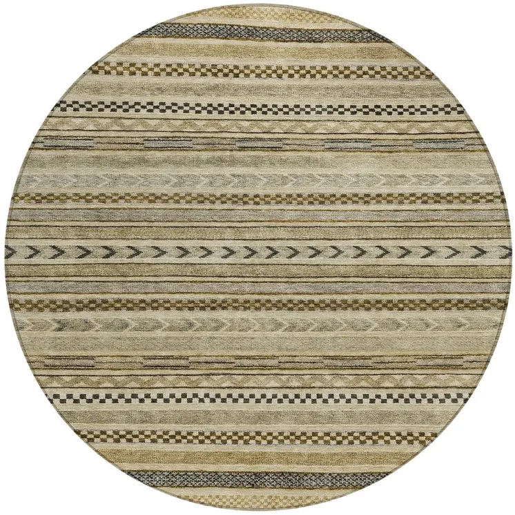 8' Chocolate And Taupe Round Striped Washable Indoor Outdoor Area Rug