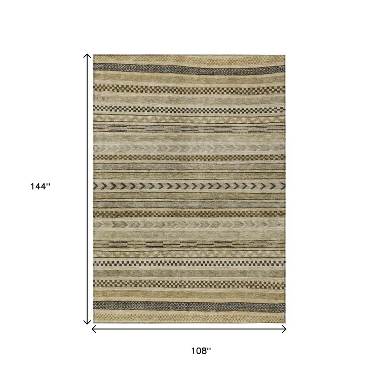 9' X 12' Chocolate And Taupe Striped Washable Indoor Outdoor Area Rug