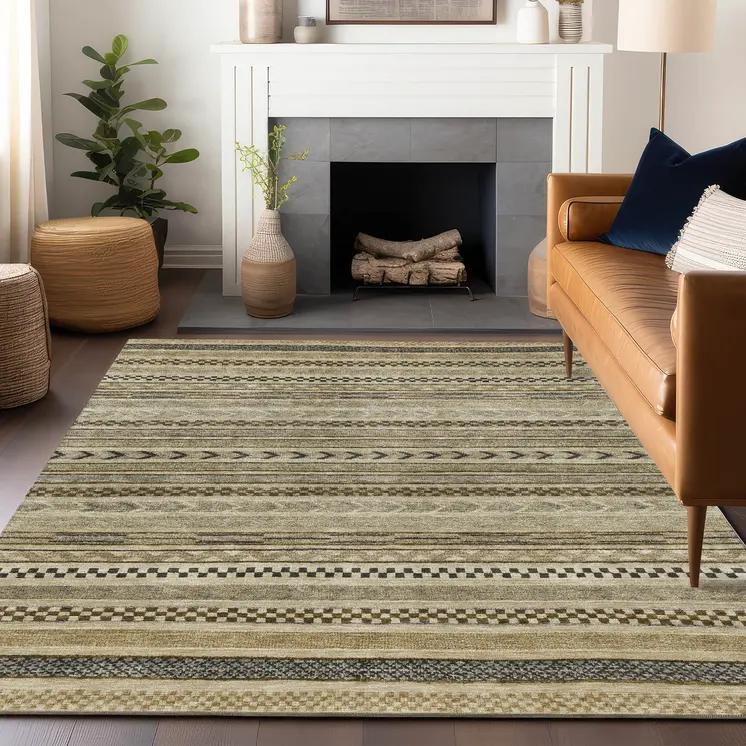 10' X 14' Chocolate And Taupe Striped Washable Indoor Outdoor Area Rug