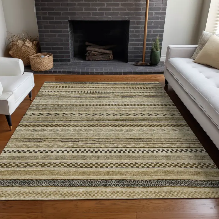10' X 14' Chocolate And Taupe Striped Washable Indoor Outdoor Area Rug
