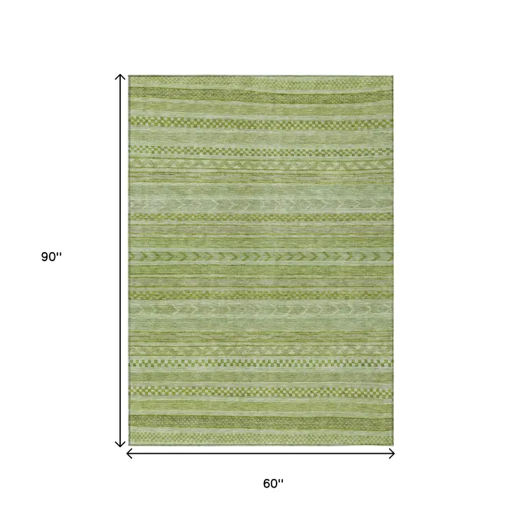 5' X 8' Fern Green And Sage Striped Washable Indoor Outdoor Area Rug