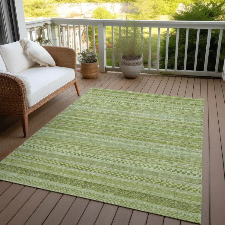 5' X 8' Fern Green And Sage Striped Washable Indoor Outdoor Area Rug