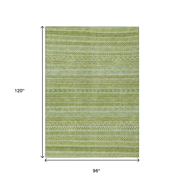 8' X 10' Fern Green And Sage Striped Washable Indoor Outdoor Area Rug