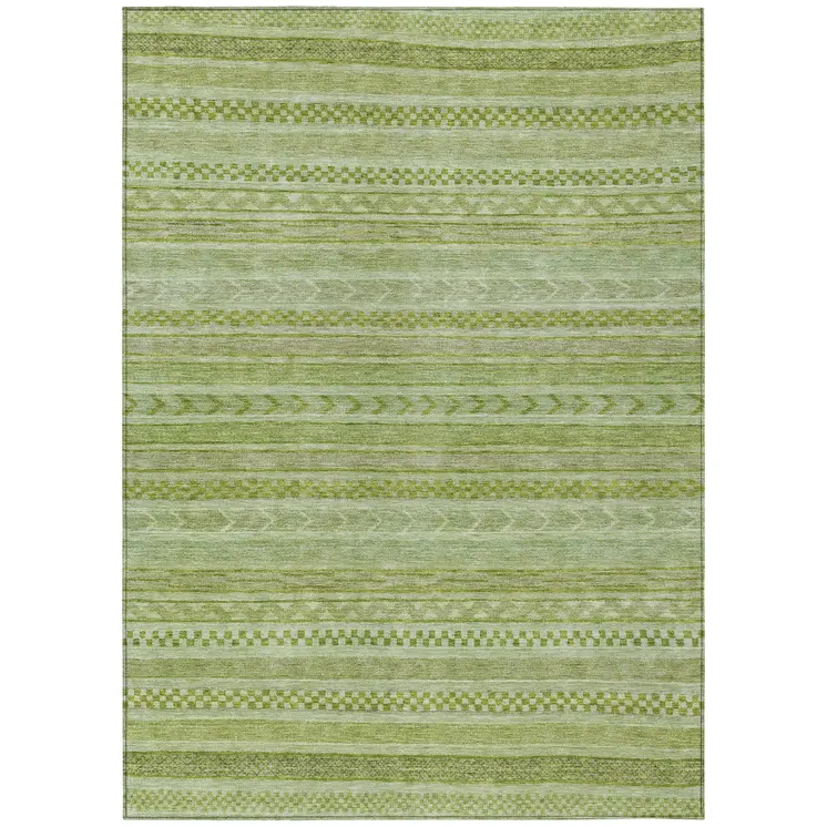 8' X 10' Fern Green And Sage Striped Washable Indoor Outdoor Area Rug