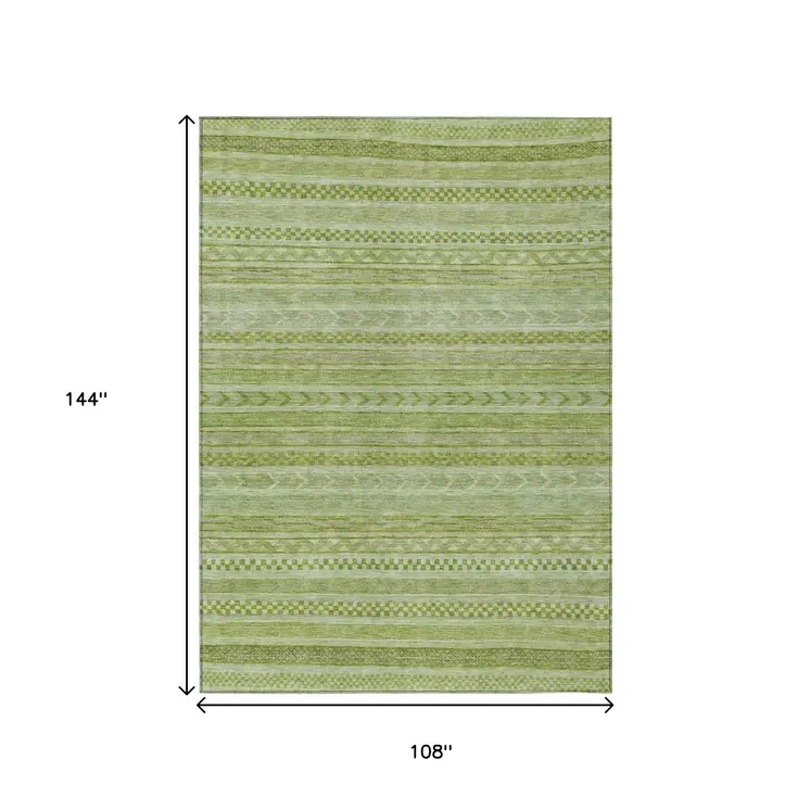9' X 12' Fern Green And Sage Striped Washable Indoor Outdoor Area Rug