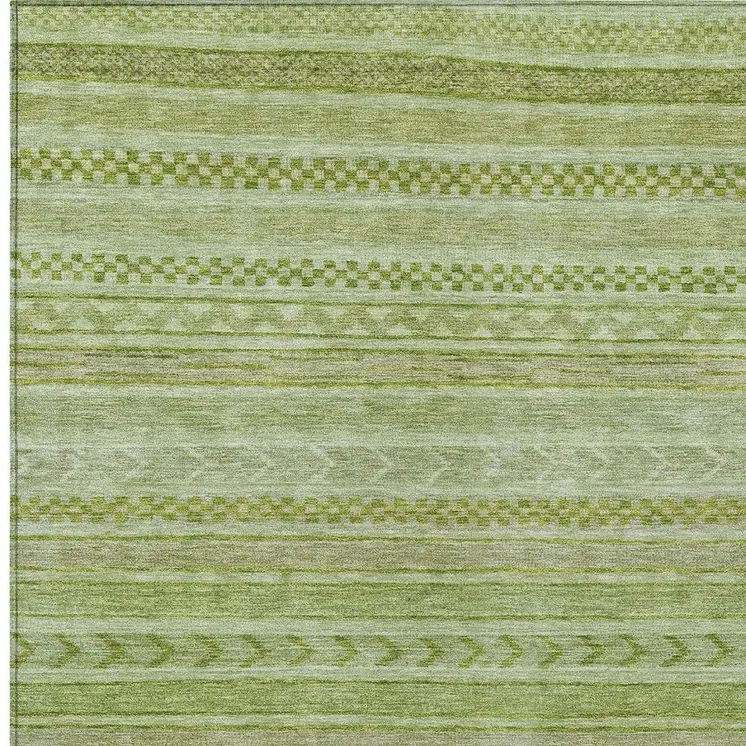 9' X 12' Fern Green And Sage Striped Washable Indoor Outdoor Area Rug