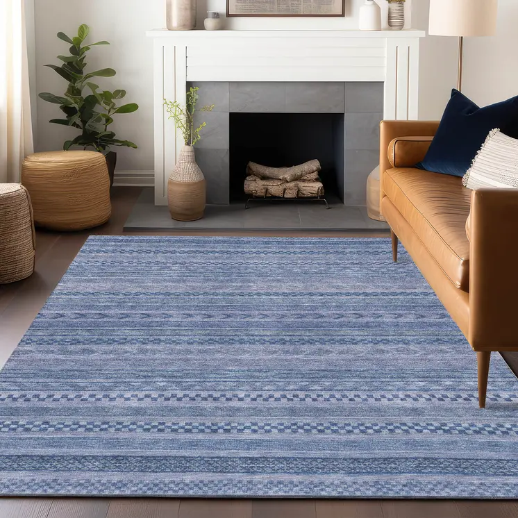 3' X 5' Denim Blue And Sky Blue Striped Washable Indoor Outdoor Area Rug