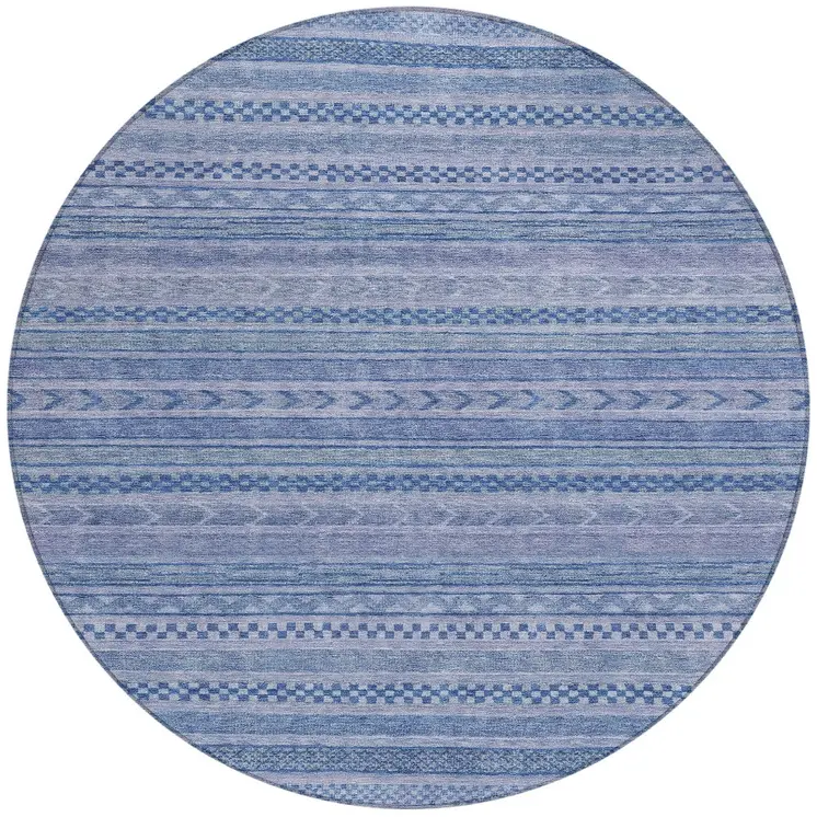 8' Denim Blue And Sky Blue Round Striped Washable Indoor Outdoor Area Rug