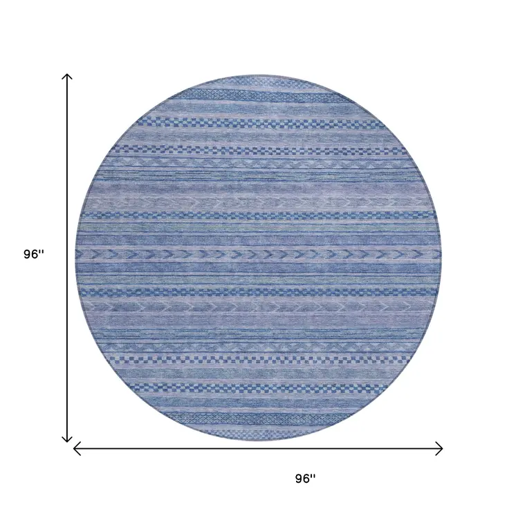 8' Denim Blue And Sky Blue Round Striped Washable Indoor Outdoor Area Rug