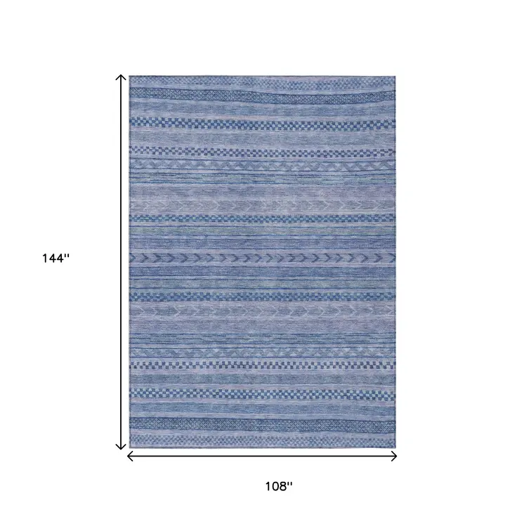 9' X 12' Denim Blue And Sky Blue Striped Washable Indoor Outdoor Area Rug