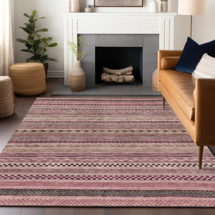 3' X 5' Pink And Taupe Striped Washable Indoor Outdoor Area Rug