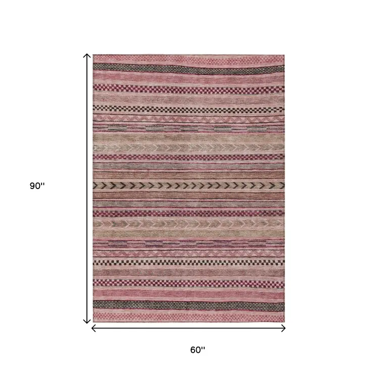 5' X 8' Pink And Taupe Striped Washable Indoor Outdoor Area Rug