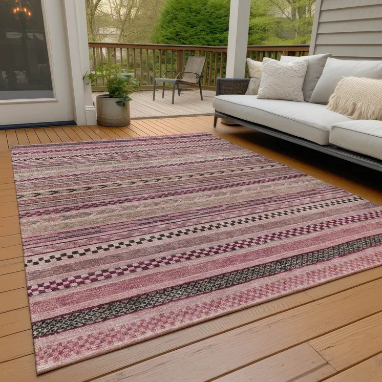 5' X 8' Pink And Taupe Striped Washable Indoor Outdoor Area Rug