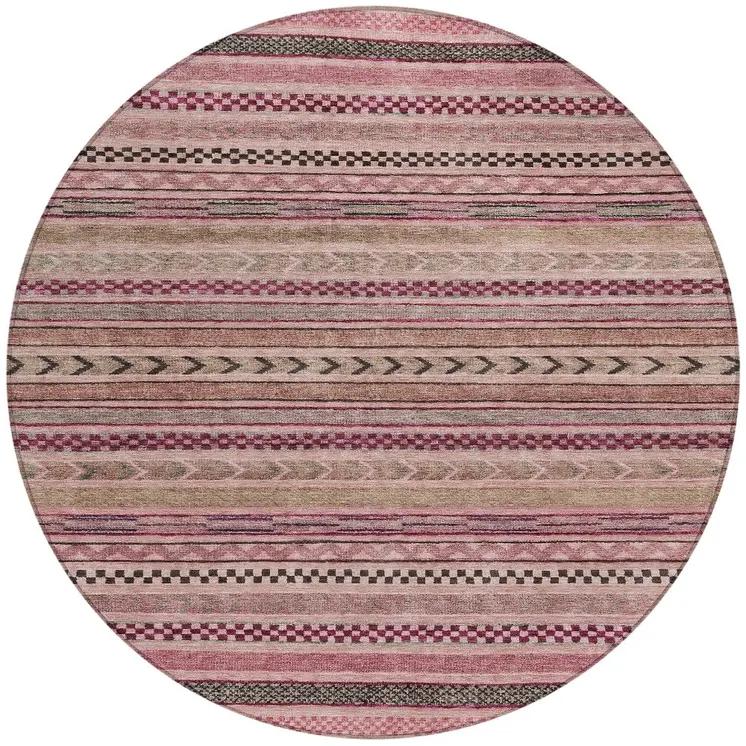 8' Pink And Taupe Round Striped Washable Indoor Outdoor Area Rug