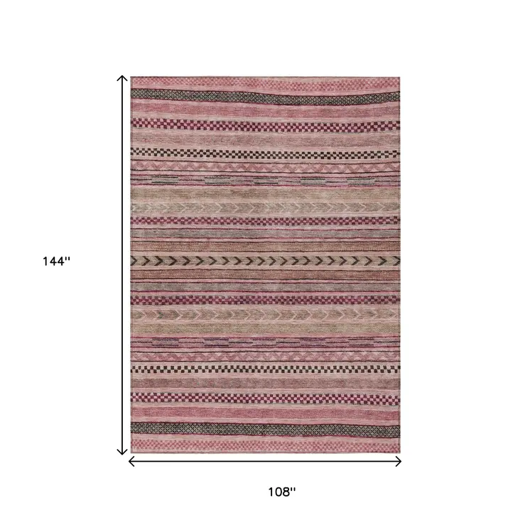 9' X 12' Pink And Taupe Striped Washable Indoor Outdoor Area Rug