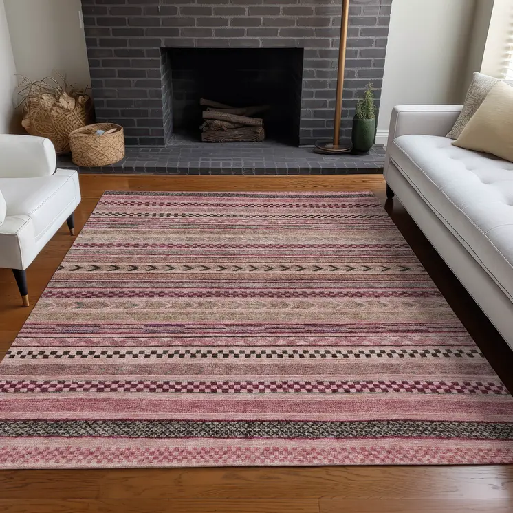 10' X 14' Pink And Taupe Striped Washable Indoor Outdoor Area Rug