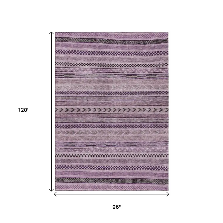 8' X 10' Plum And Lilac Striped Washable Indoor Outdoor Area Rug