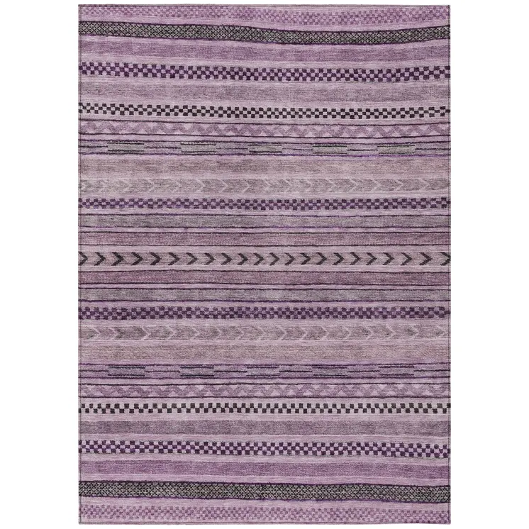 9' X 12' Plum And Lilac Striped Washable Indoor Outdoor Area Rug