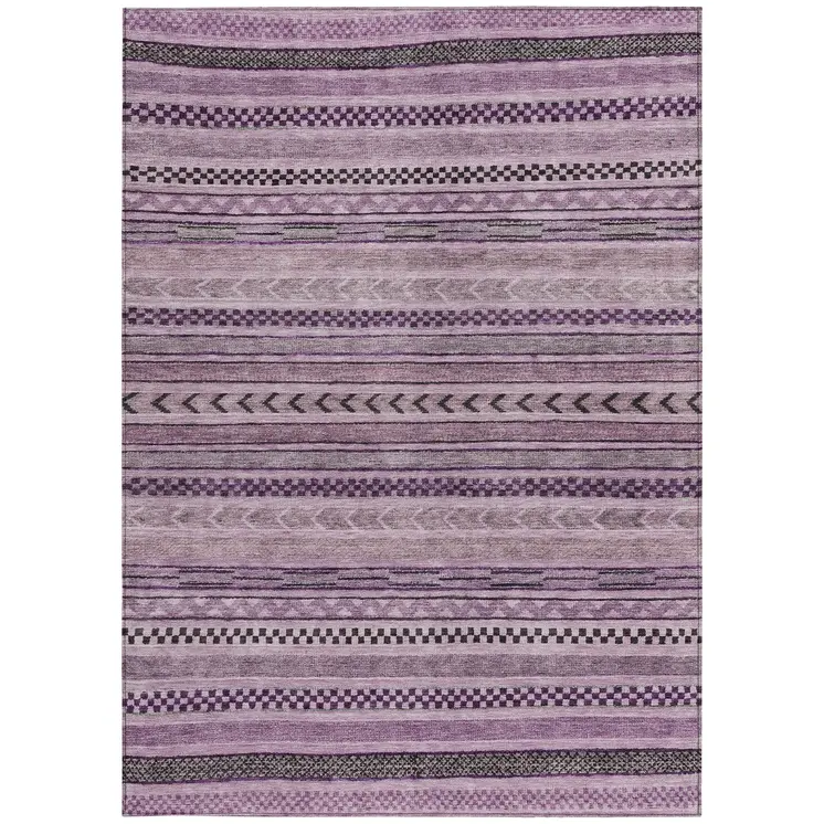 9' X 12' Plum And Lilac Striped Washable Indoor Outdoor Area Rug