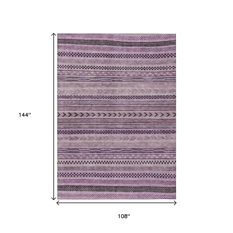 9' X 12' Plum And Lilac Striped Washable Indoor Outdoor Area Rug