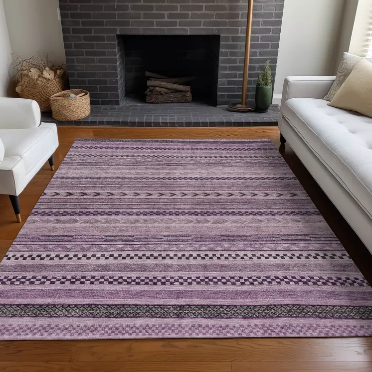 9' X 12' Plum And Lilac Striped Washable Indoor Outdoor Area Rug